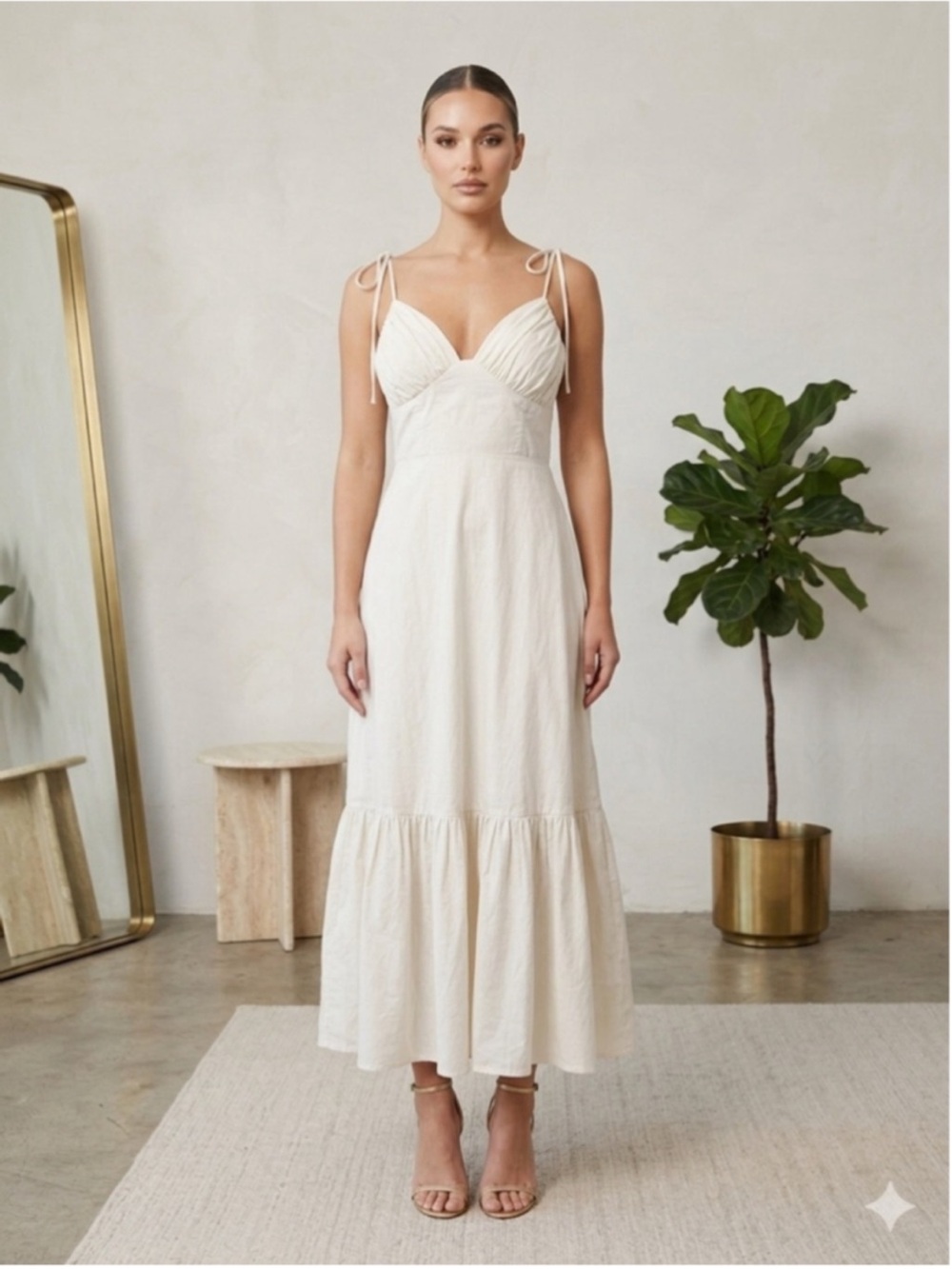 Abercrombie & Fitch Cream Tie-Shoulder Midi Dress